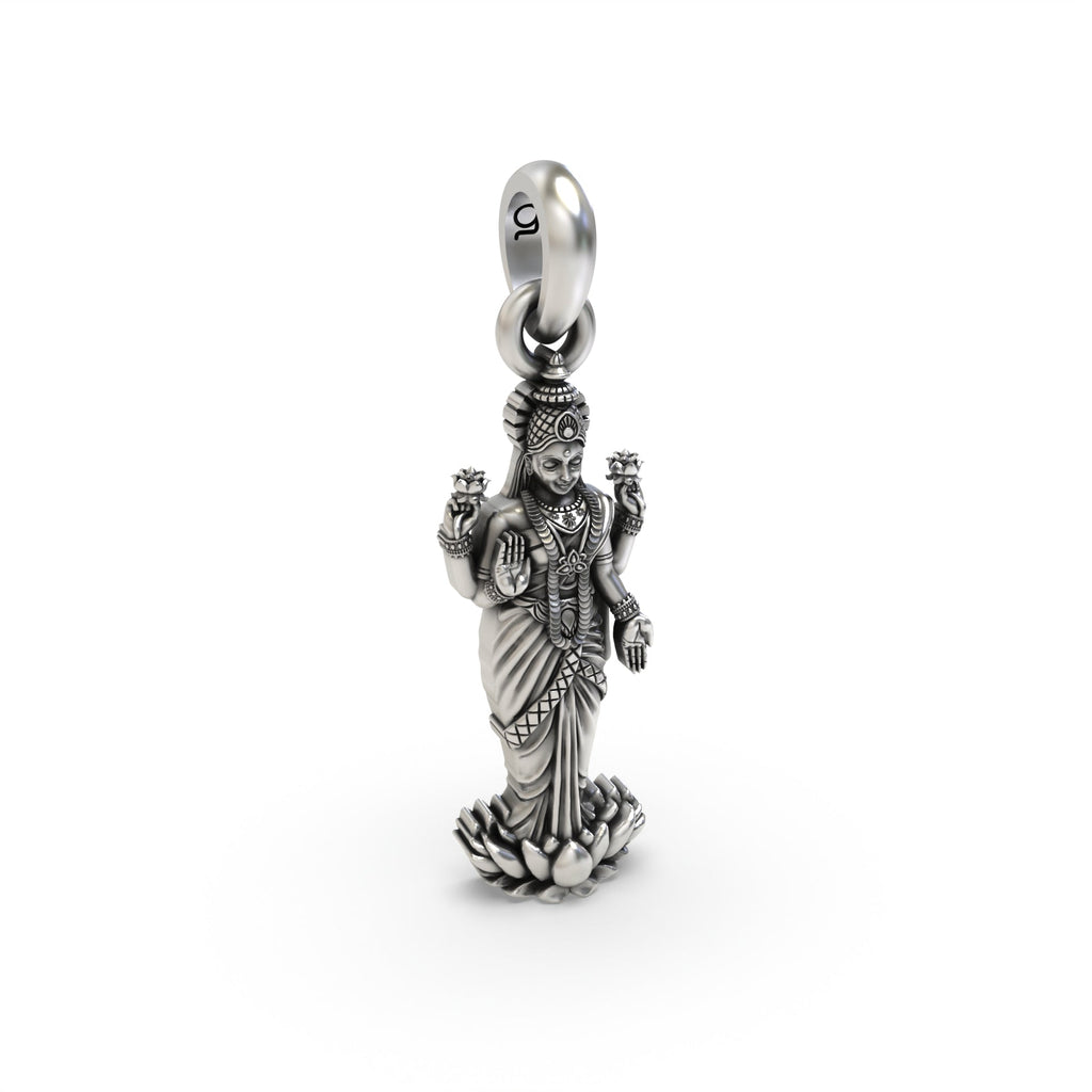 Side profile of the 925 sterling silver Lakshmi pendant, displaying its dimensional form and hollow back design.