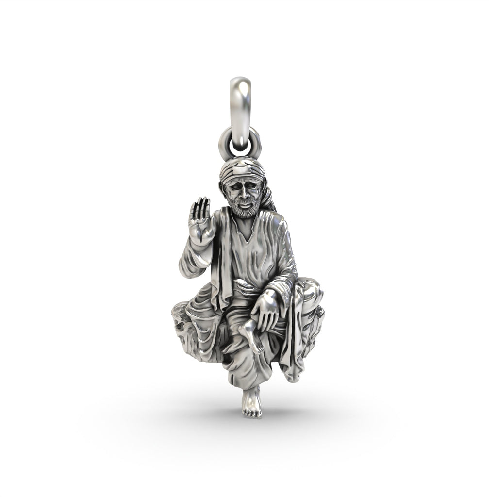 Front view of the oxidized 925 sterling Silver Saibaba Pendant, showing the detailed depiction of Sai Baba.
