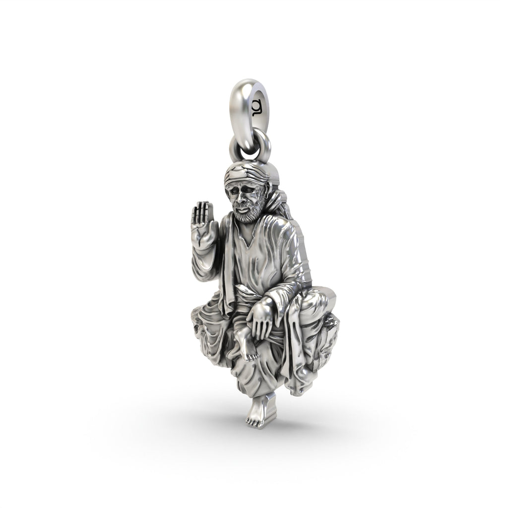 Side profile of the Alankar Silver Saibaba Pendant, highlighting its lightweight hollow back design for comfort.
