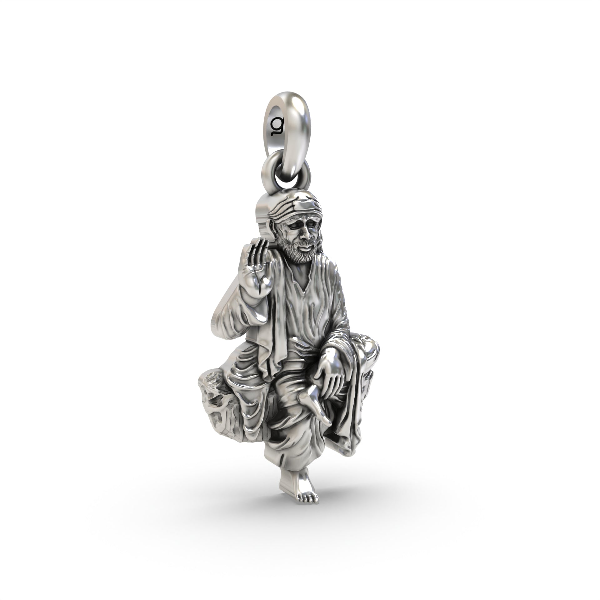 Close-up detail of the Silver Saibaba Pendant, focusing on the intricate craftsmanship and antique oxidized finish.