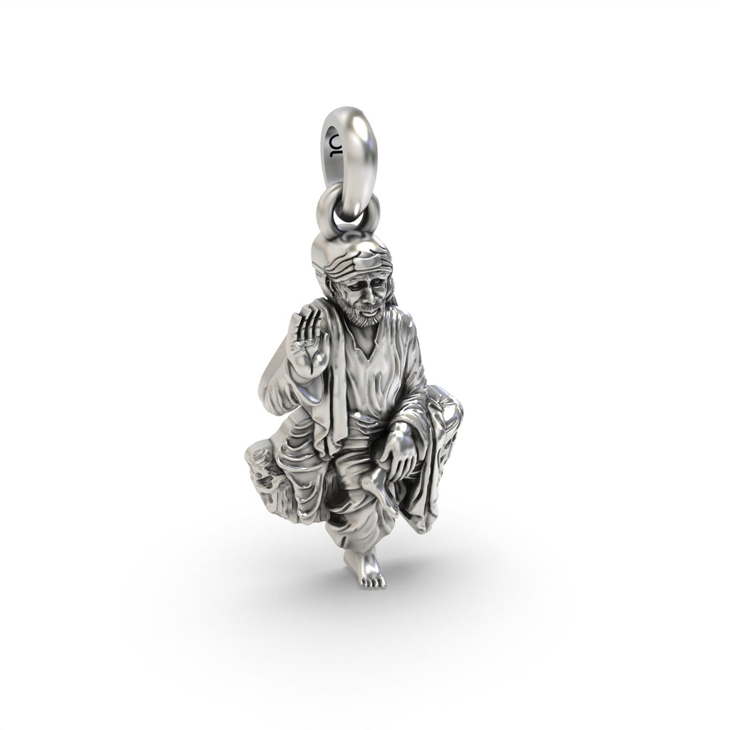 The sterling Silver Saibaba Pendant shown with its bail, ready to be worn for daily spiritual connection and grace.