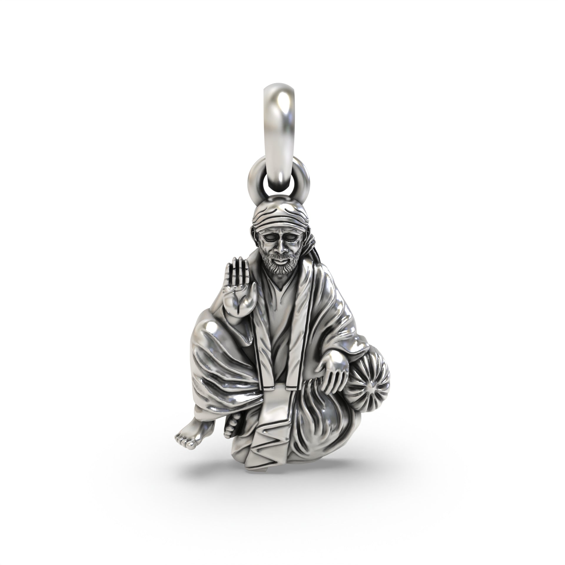 Front view of the Sai Baba of Shirdi silver pendant, crafted from 925 sterling silver with a detailed oxidized finish.