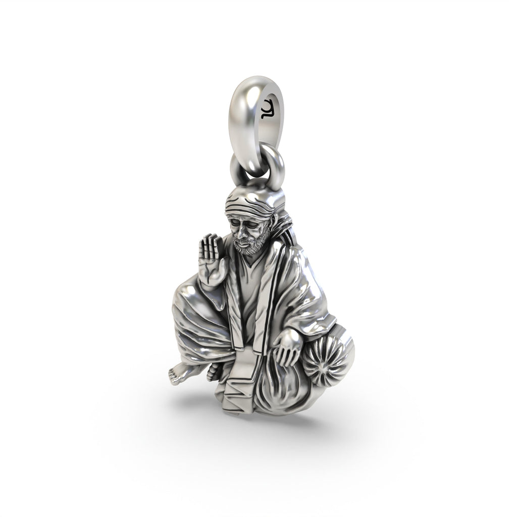 Sai Baba of Shirdi 925 silver pendant shown on a chain, demonstrating its size and lightweight design for daily devotion.