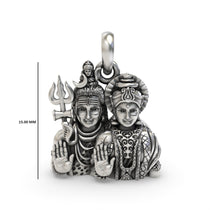 The sterling silver Shiv Parvati pendant showing its scale and beautiful oxidized finish, perfect for daily devotion.