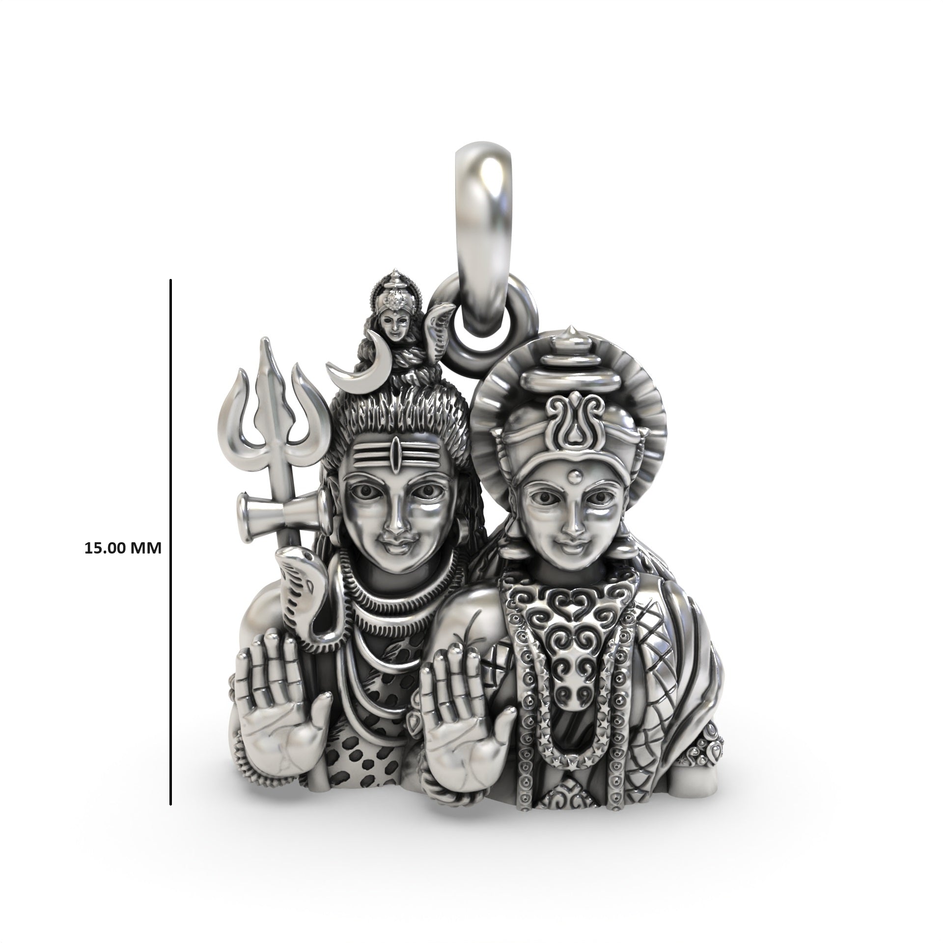 The sterling silver Shiv Parvati pendant showing its scale and beautiful oxidized finish, perfect for daily devotion.