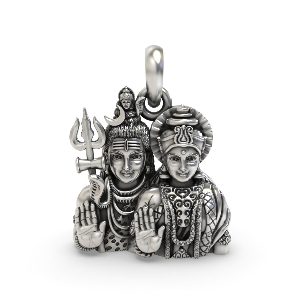 Front view of the 925 sterling silver Shiv Parvati pendant showing the divine couple in a detailed oxidized finish.
