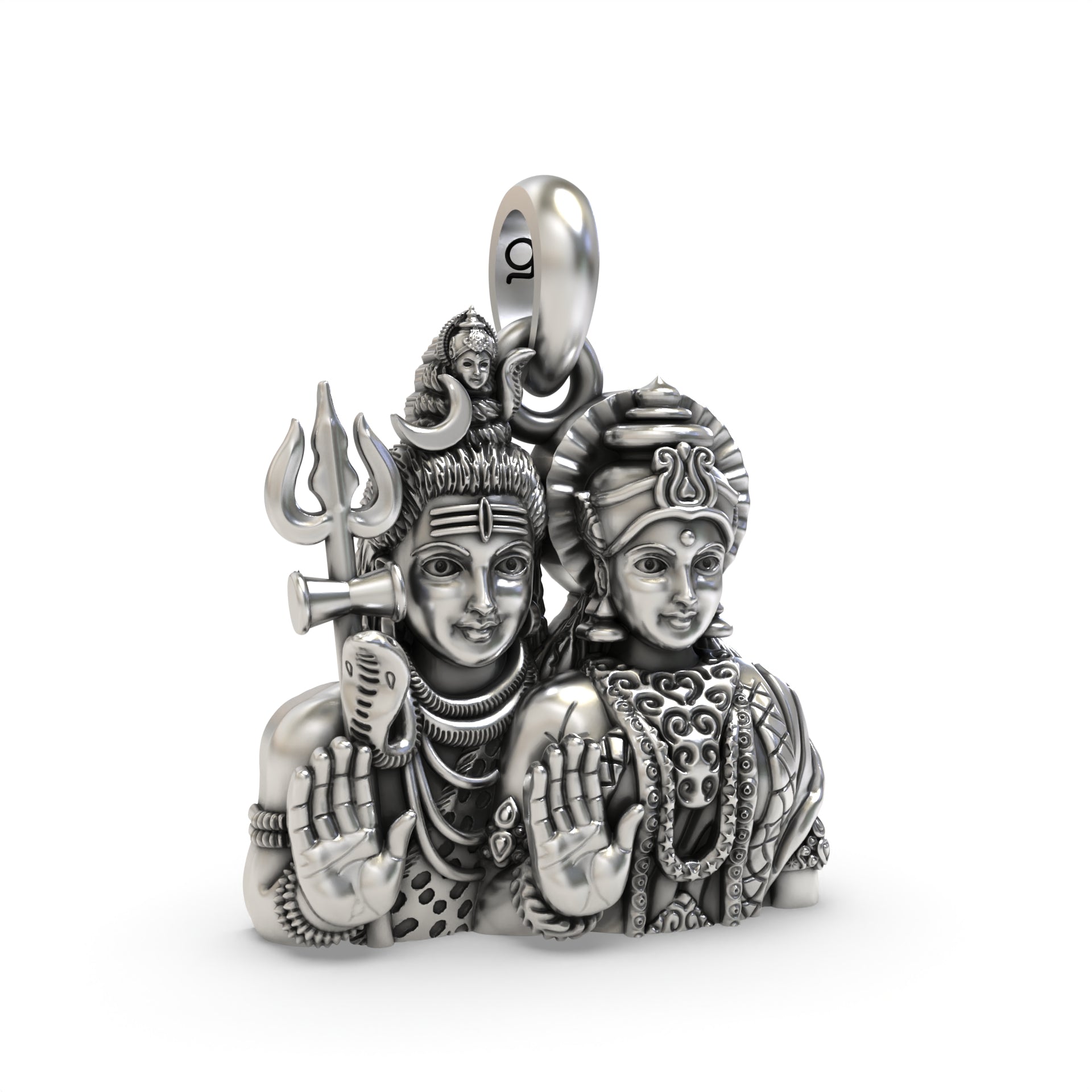 Close-up detail of the Silver Shiv Parvati pendant showcasing the expressive faces of the deities on 925 silver.