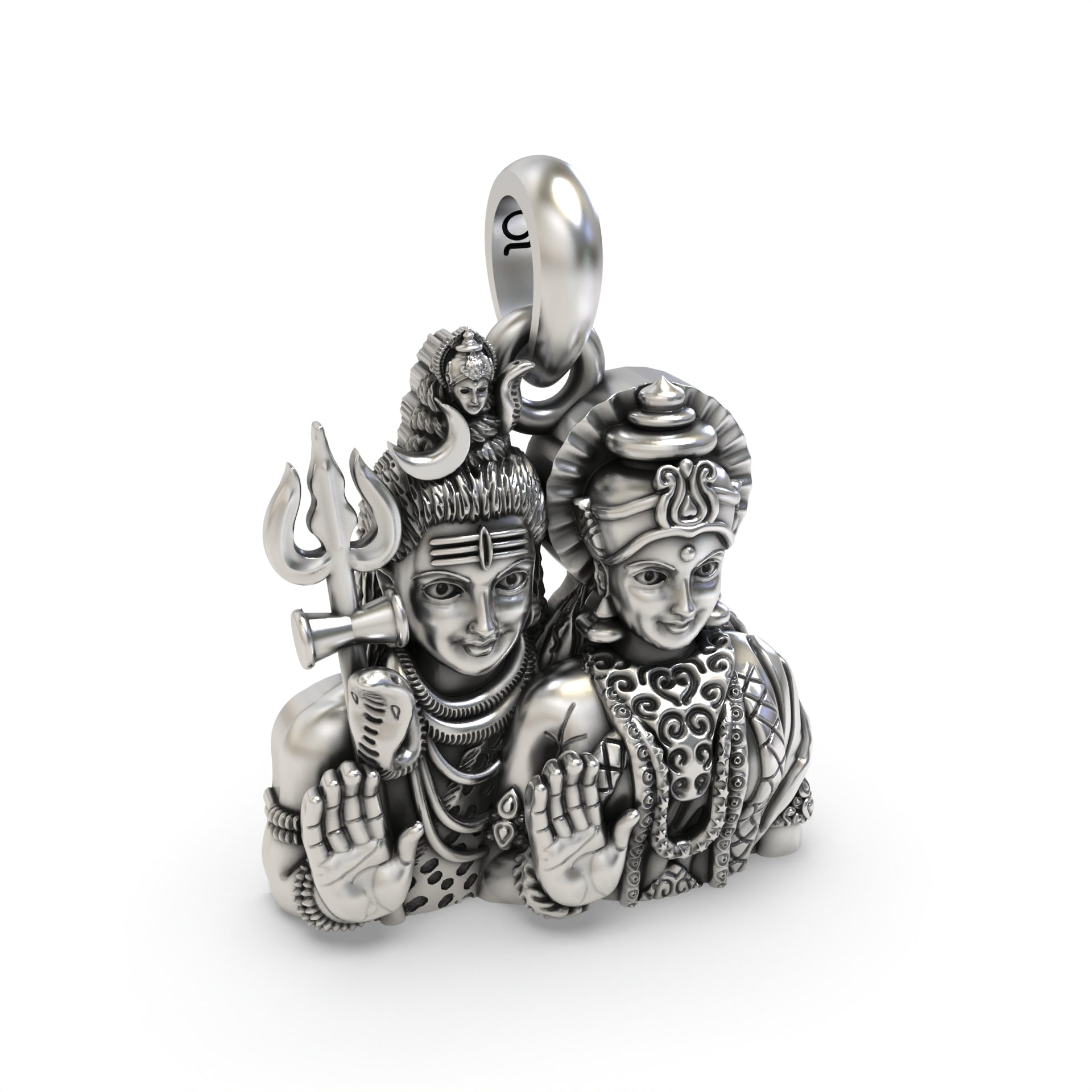Side profile of the Shiv Parvati silver pendant revealing its depth and the hollow back design for comfortable wear.