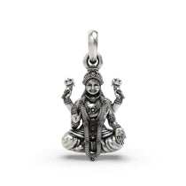 Front view of the Alankar Sterling Silver Lakshmi Pendant, showcasing the detailed oxidized finish of the goddess.