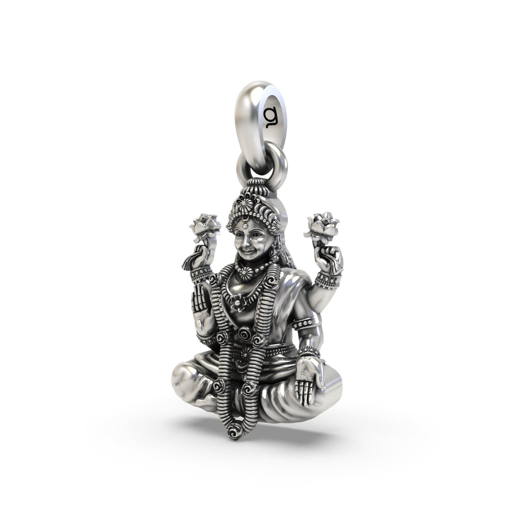 Close-up detail of the 925 silver Lakshmi Devi pendant, highlighting the intricate craftsmanship and antique look.