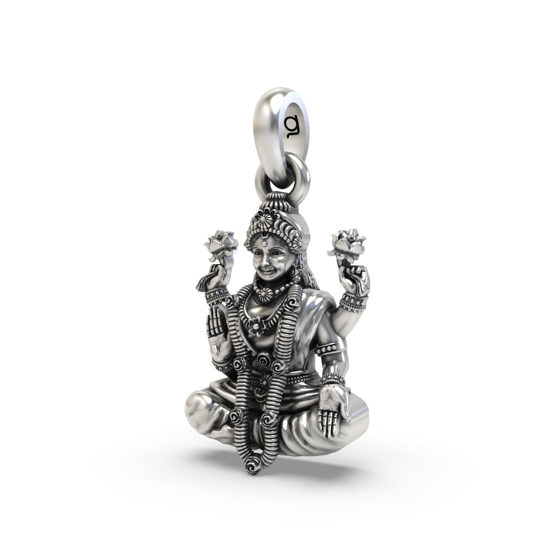 Close-up detail of the 925 silver Lakshmi Devi pendant, highlighting the intricate craftsmanship and antique look.