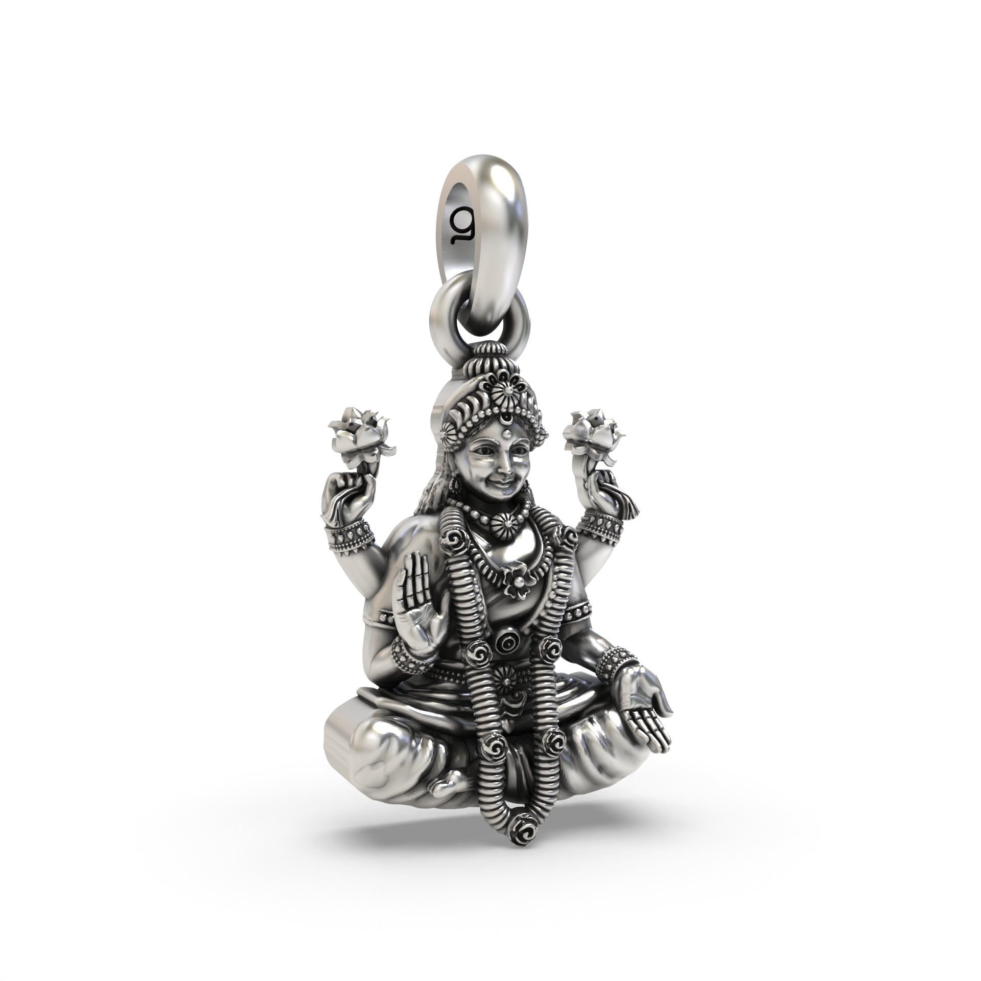 Angled profile of the oxidized Lakshmi pendant, showing its hollow back design for lightweight comfort and daily wear.