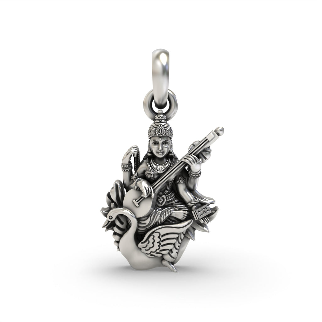 Front view of the 925 sterling silver Saraswati Maa pendant, showing the goddess with her veena and oxidized details.