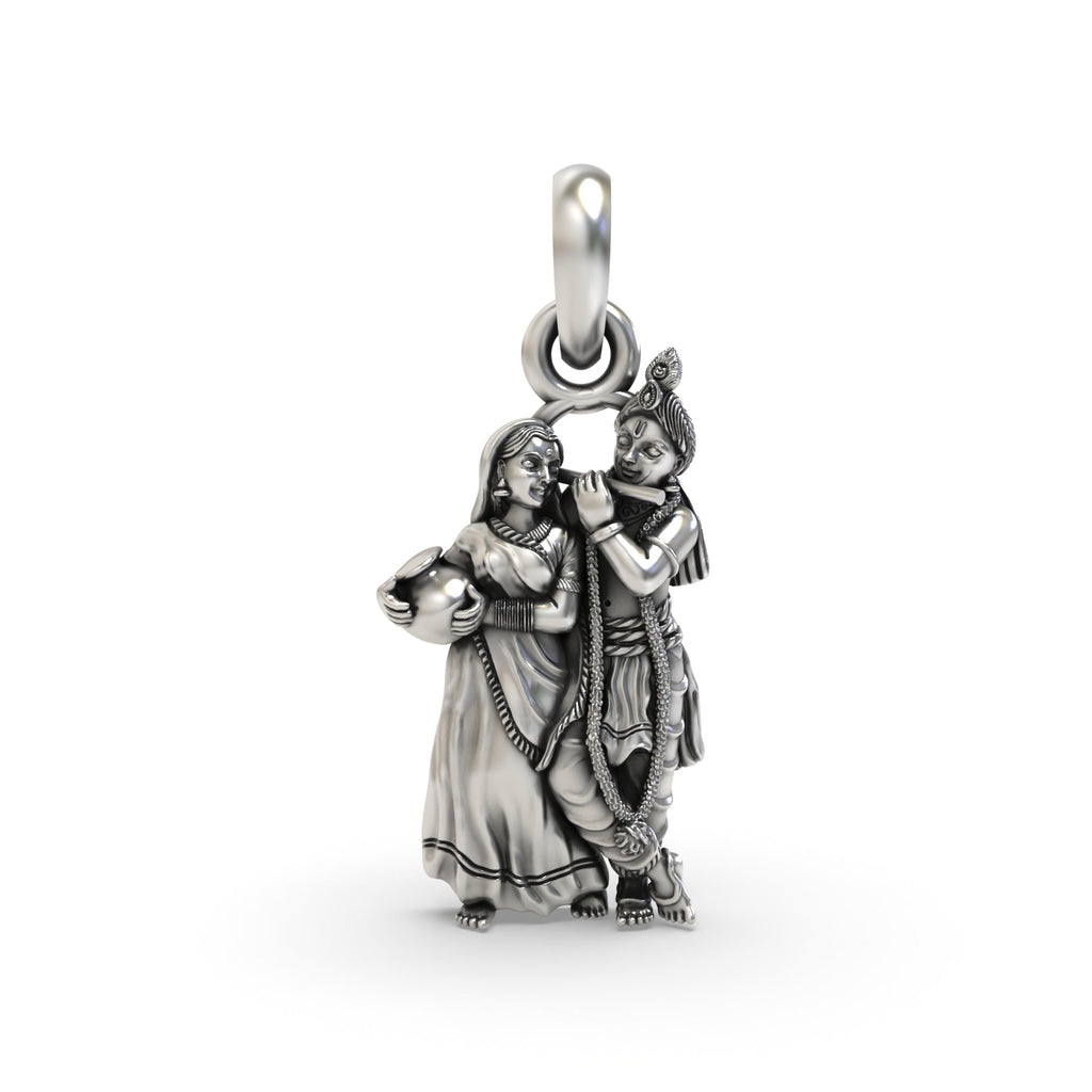 Front view of the detailed Radha Krishna silver pendant in 925 sterling silver with a beautiful oxidized finish.