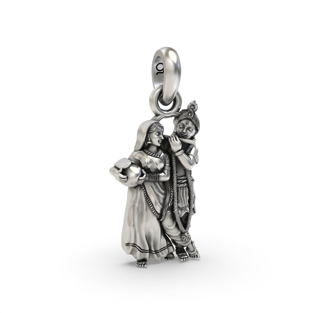 Side profile of the lightweight Radha Krishna silver pendant, highlighting its 925 sterling silver craftsmanship and depth.