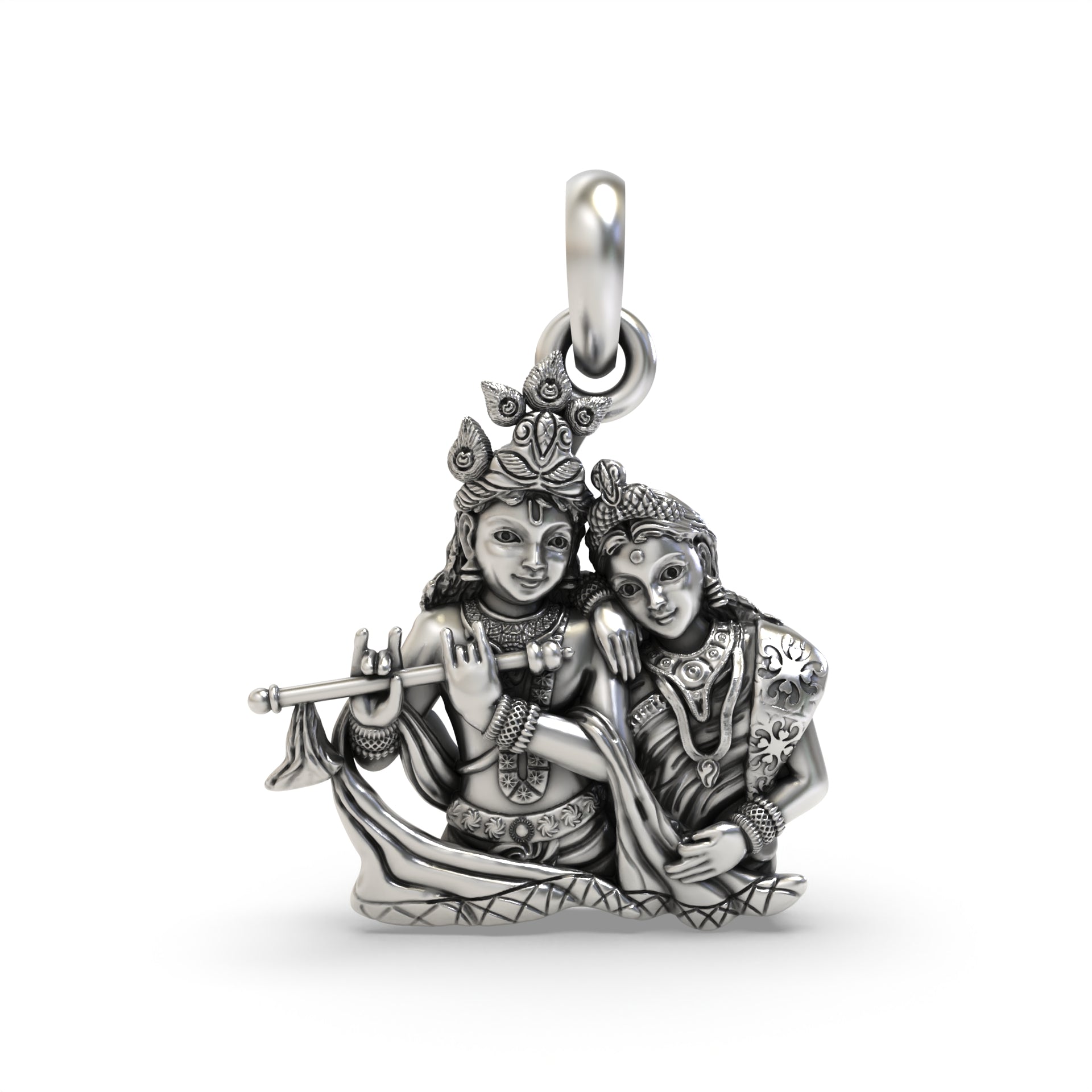 Front view of the enchanting Radha Krishna pendant, intricately crafted in oxidized 925 sterling silver.