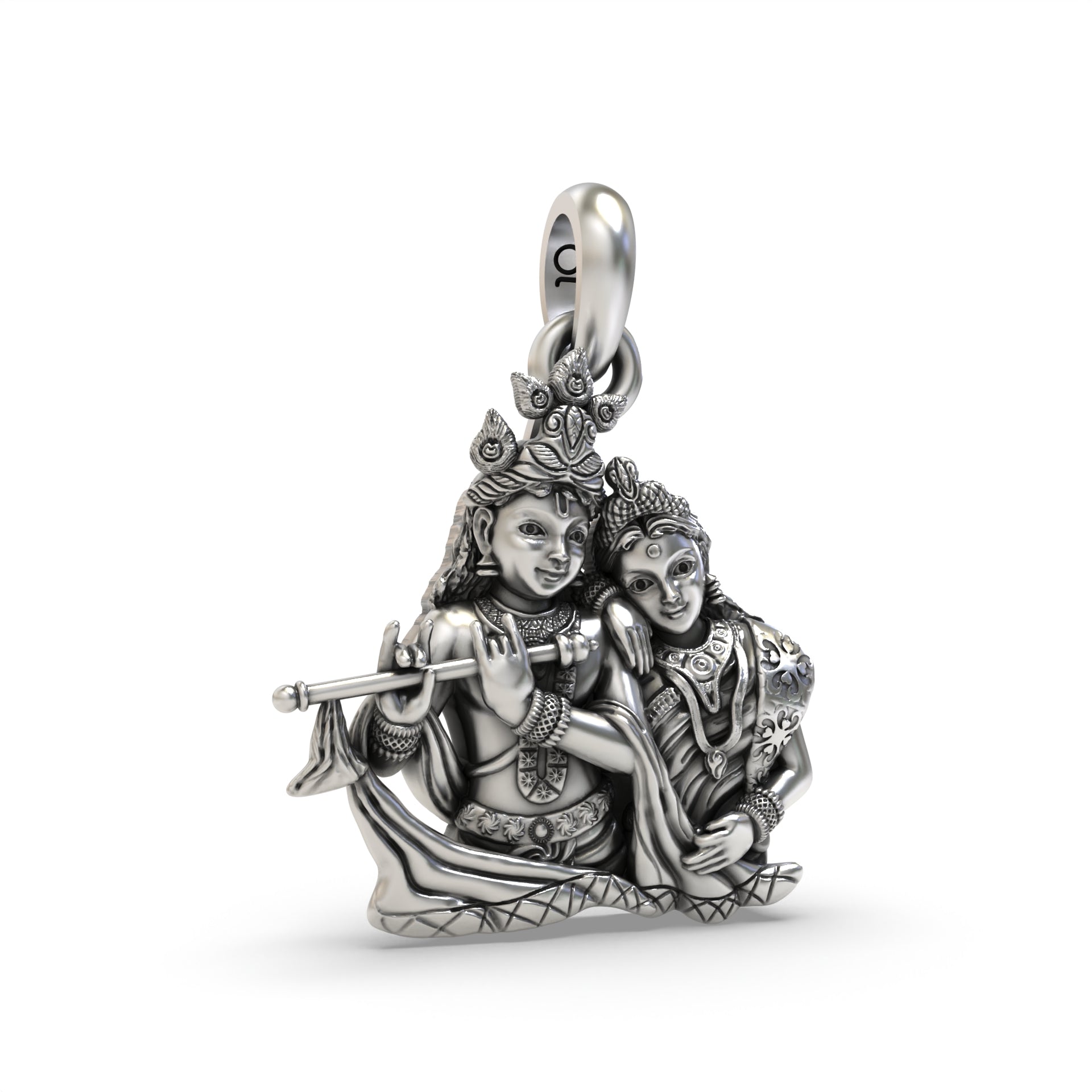 Side profile of the 925 sterling silver Radha Krishna pendant, highlighting its lightweight hollow back design.