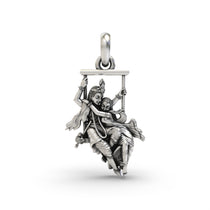 Front view of the Radha Krishna on a swing silver pendant, showcasing the intricate details of the deities in sterling