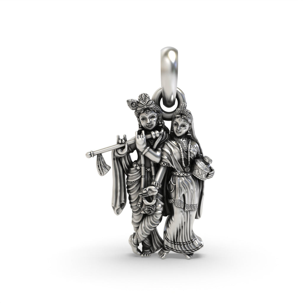 Front view of the Radha Krishna 925 Sterling Silver Pendant showing the divine couple with an elegant oxidized finish.