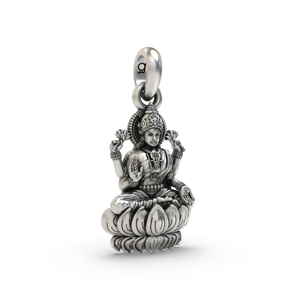 Close-up of the 925 silver Lakshmi on Lotus pendant, detailing the goddess's serene expression and the intricate lotus.