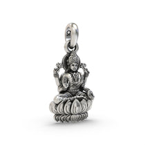 Close-up of the 925 silver Lakshmi on Lotus pendant, detailing the goddess's serene expression and the intricate lotus.