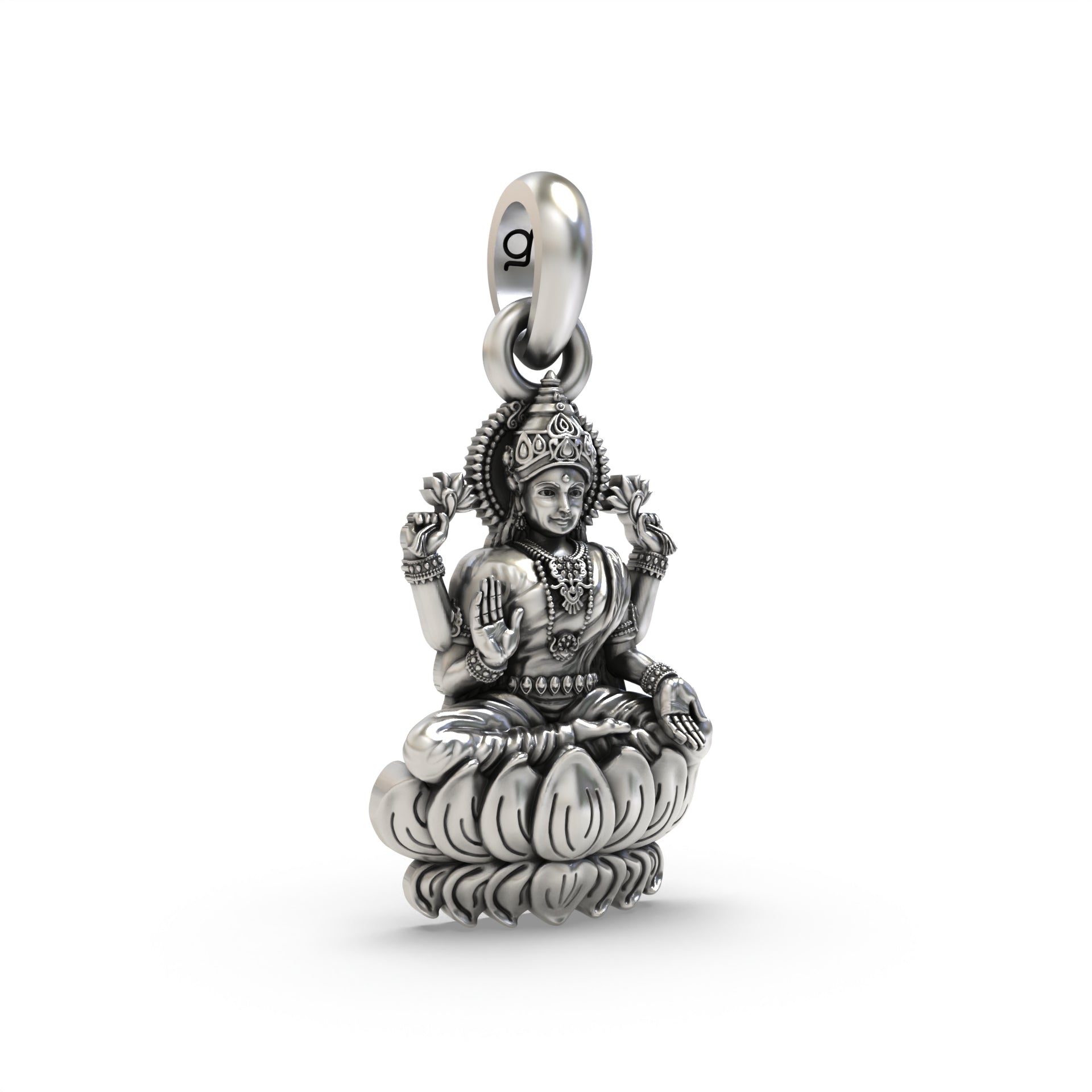 Close-up of the 925 silver Lakshmi on Lotus pendant, detailing the goddess's serene expression and the intricate lotus.