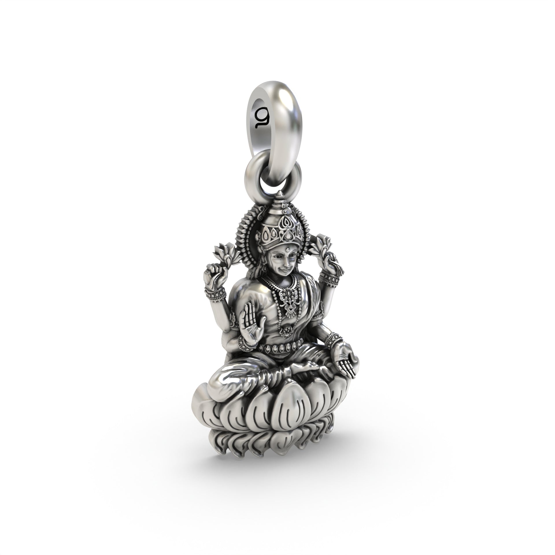 A view of the oxidized Silver Lakshmi on Lotus pendant, showcasing its hollow back design for comfortable, lightweight wear.