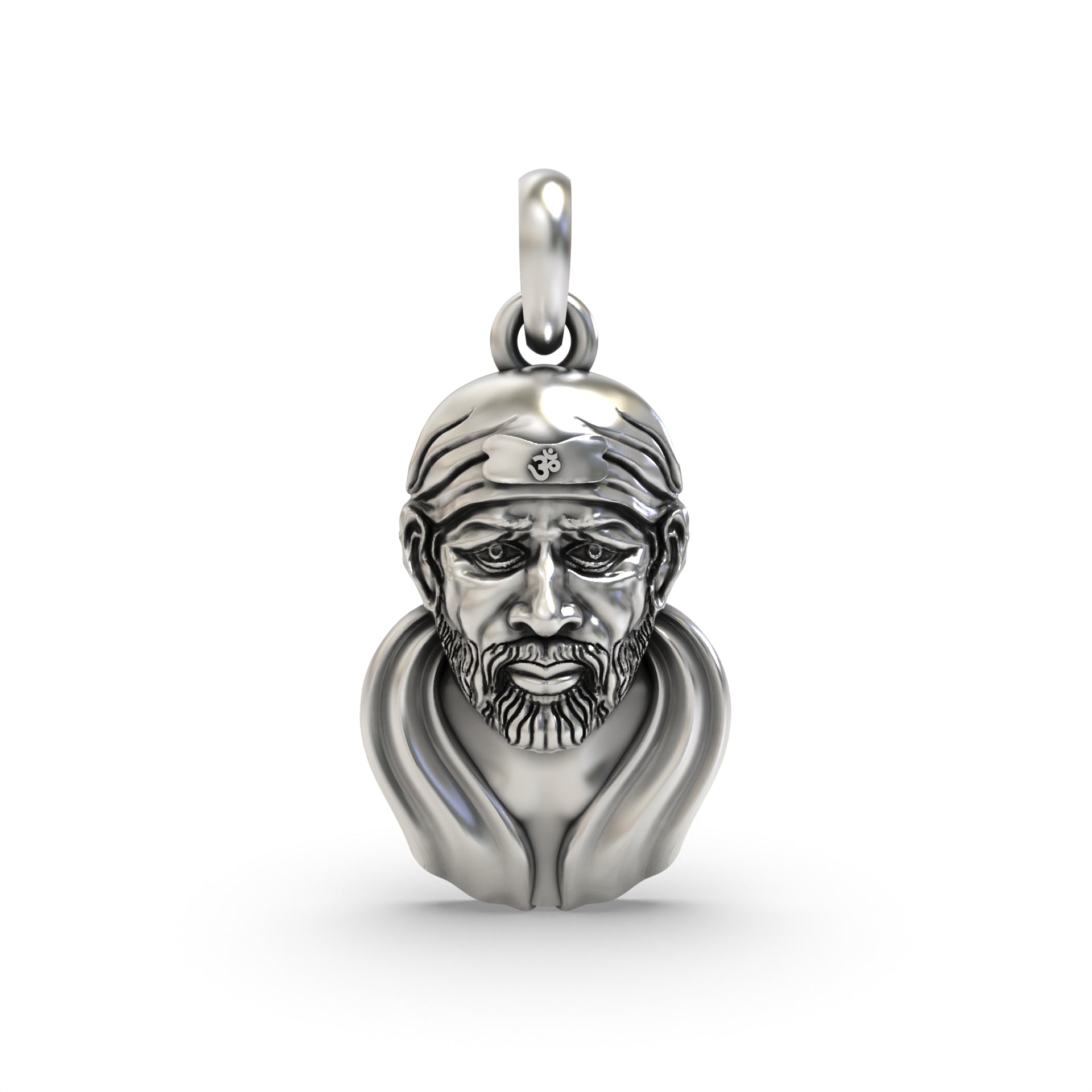 Front view of the oxidized sterling silver Sai Baba face pendant showing intricate facial details and serene expression. Main image