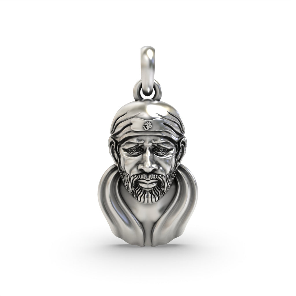 Front view of the oxidized sterling silver Sai Baba face pendant showing intricate facial details and serene expression.