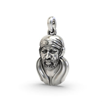A close-up of the 925 silver Sai Baba face pendant, highlighting the antique finish and detailed craftsmanship.