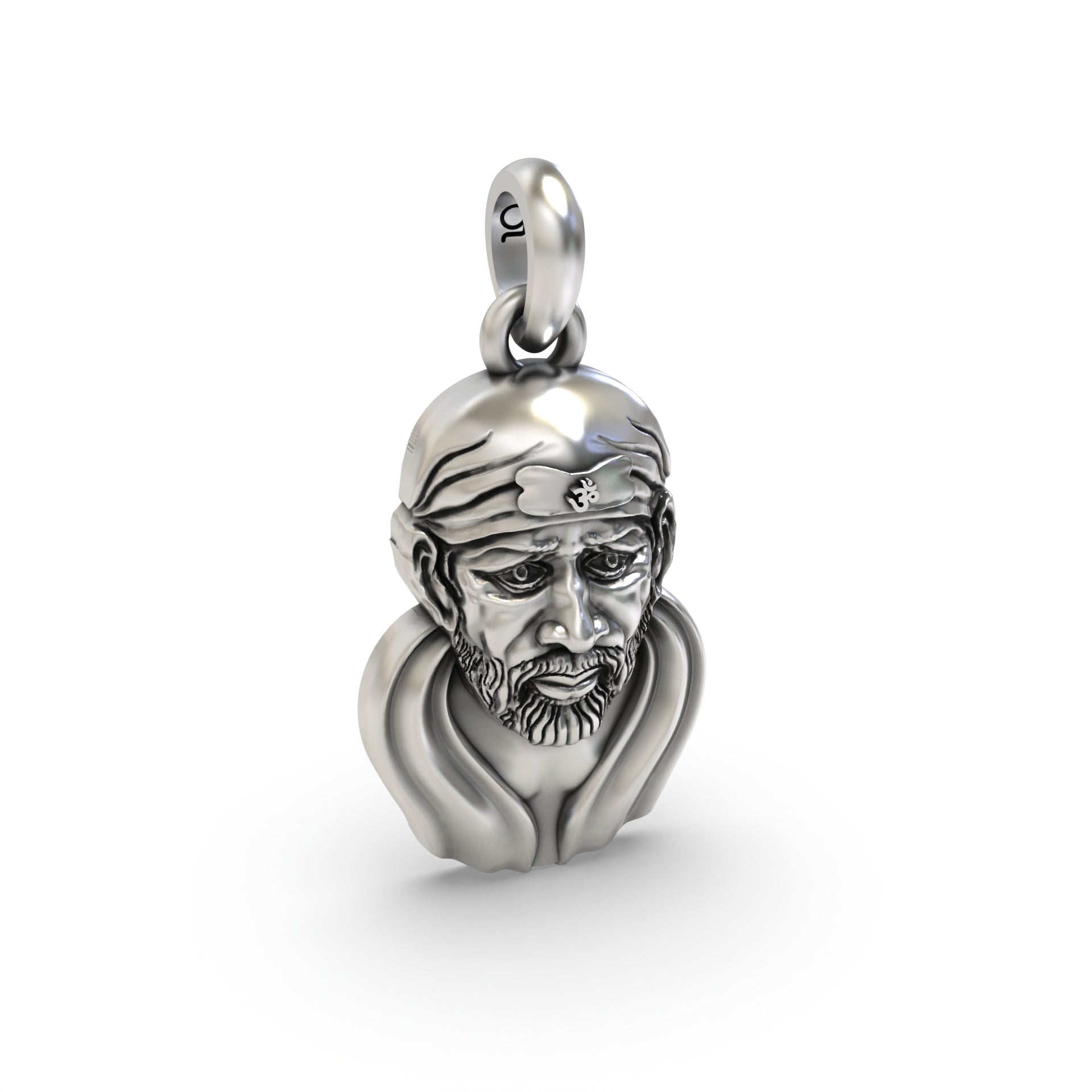 The hollow back of the sterling silver Sai Baba face pendant, designed to be lightweight and comfortable for all-day wear.