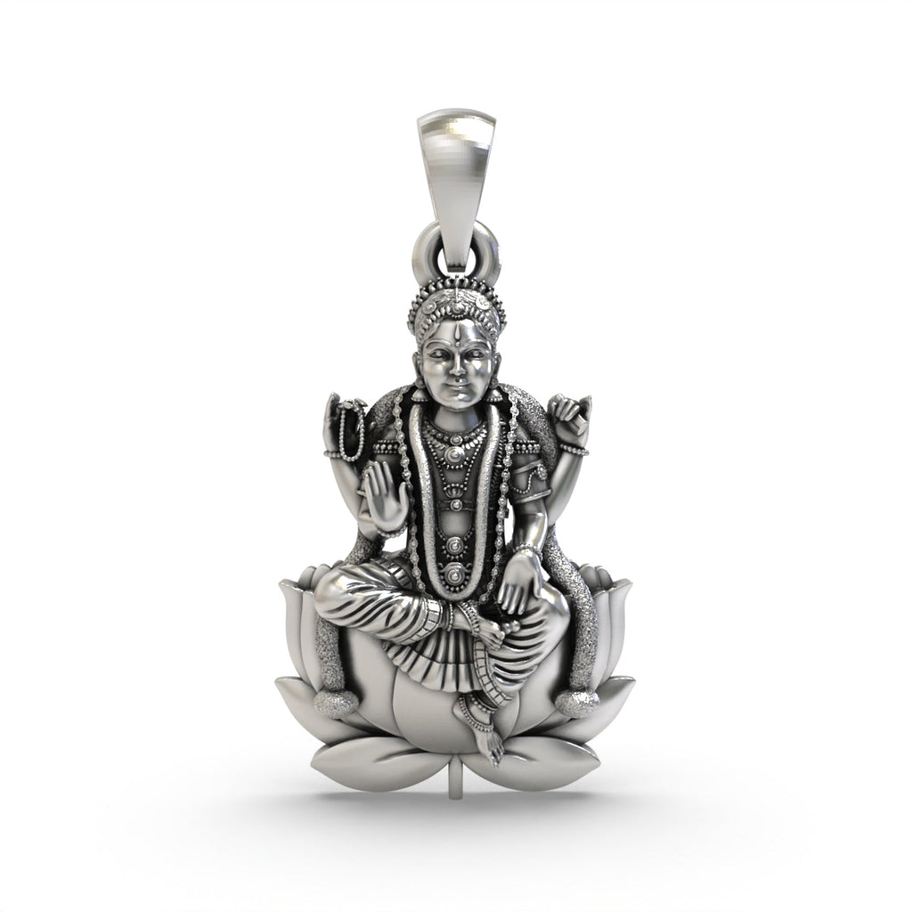Front view of the handmade Bala Tripurasundari pendant crafted from oxidized 925 sterling silver by Alankar.