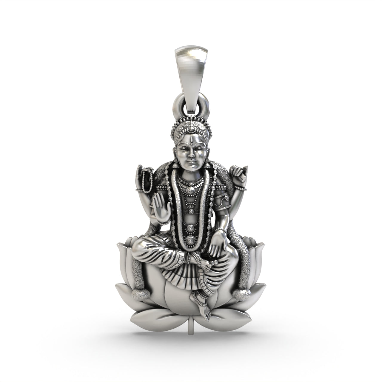 Front view of the handmade Bala Tripurasundari pendant crafted from oxidized 925 sterling silver by Alankar.