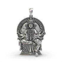 Front view of the handmade Kodungallur Bhagavathy Amma pendant in oxidized 925 sterling silver.