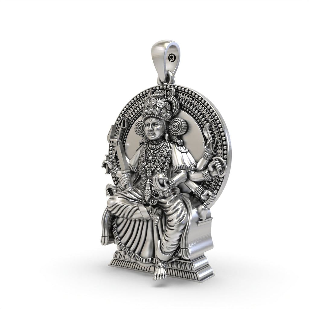 Angled side profile of the Kodungallur Bhagavathy Amma 925 silver pendant showing its intricate details.