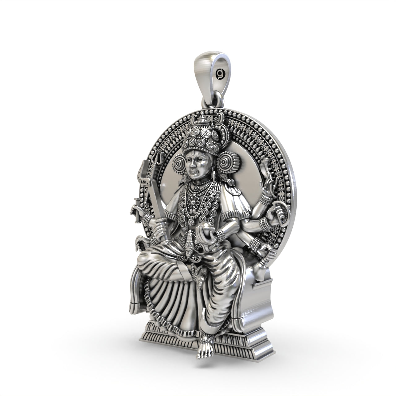Angled side profile of the Kodungallur Bhagavathy Amma 925 silver pendant showing its intricate details.