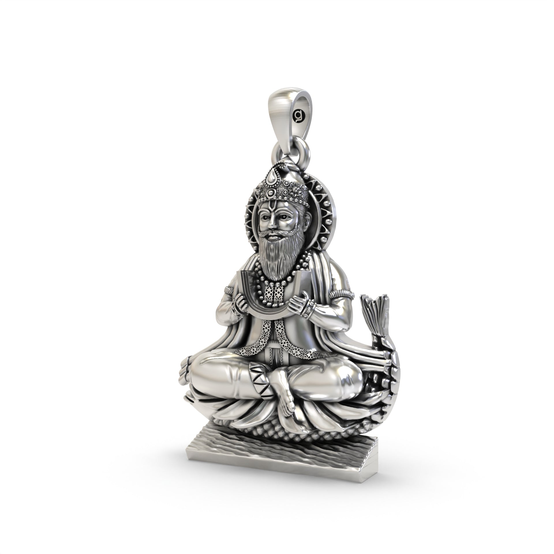 Angled side view of the Alankar 925 silver Jhulelal pendant, highlighting its 40mm height and craftsmanship.