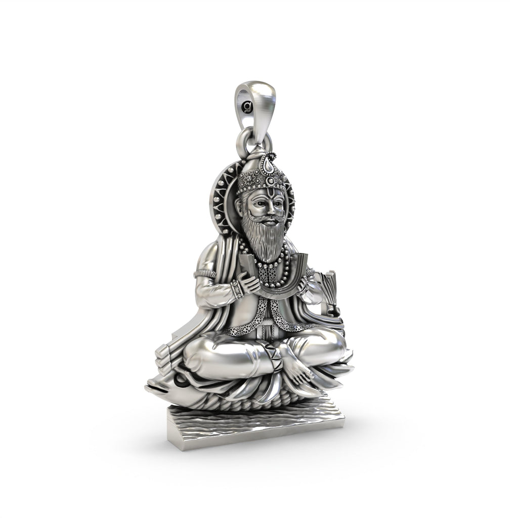 Close-up detail of the oxidized 925 silver Jhulelal pendant, showcasing the intricate design and spiritual symbolism.