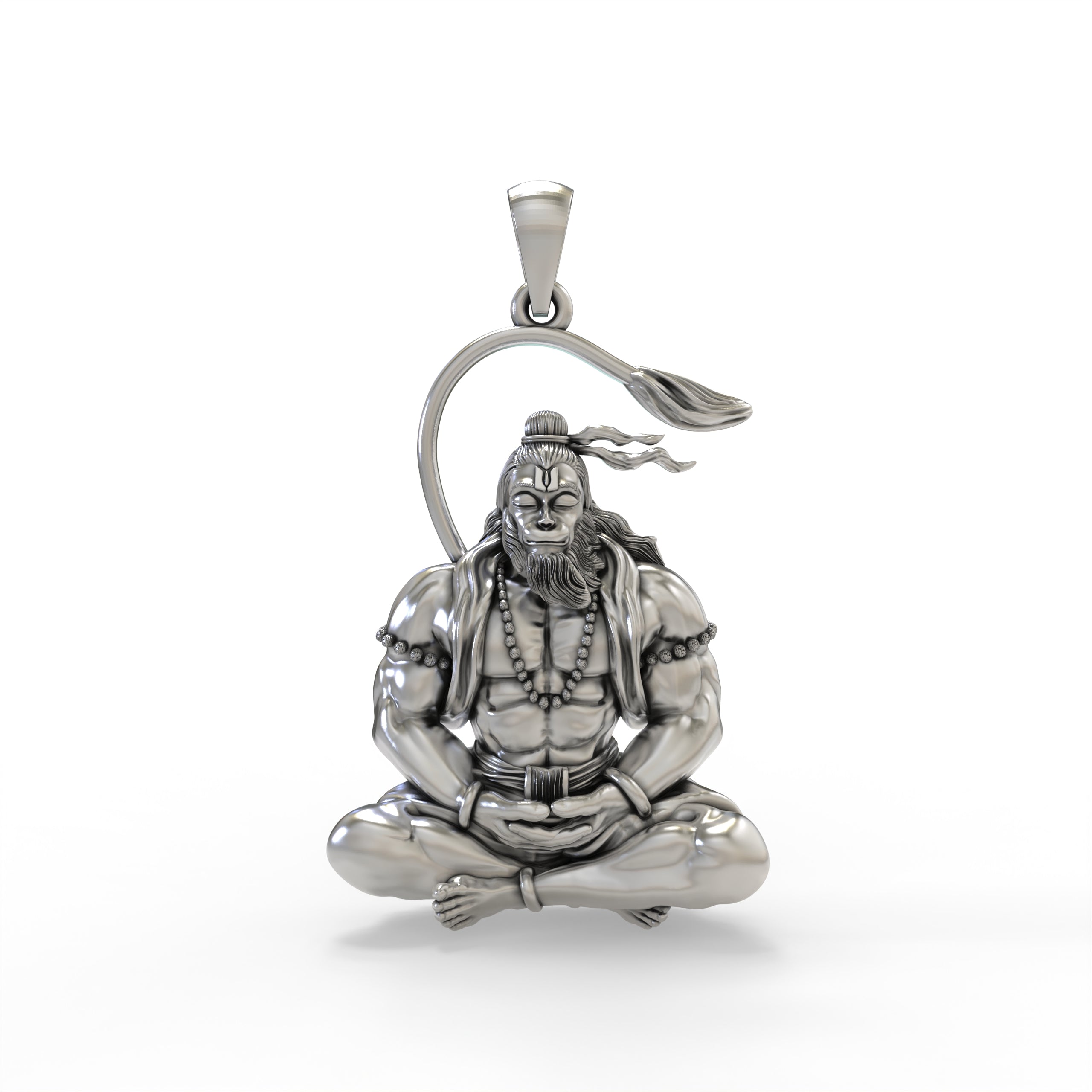 Front view of the intricately detailed 925 Silver Hanuman Meditation Pendant with a deep oxidized finish.