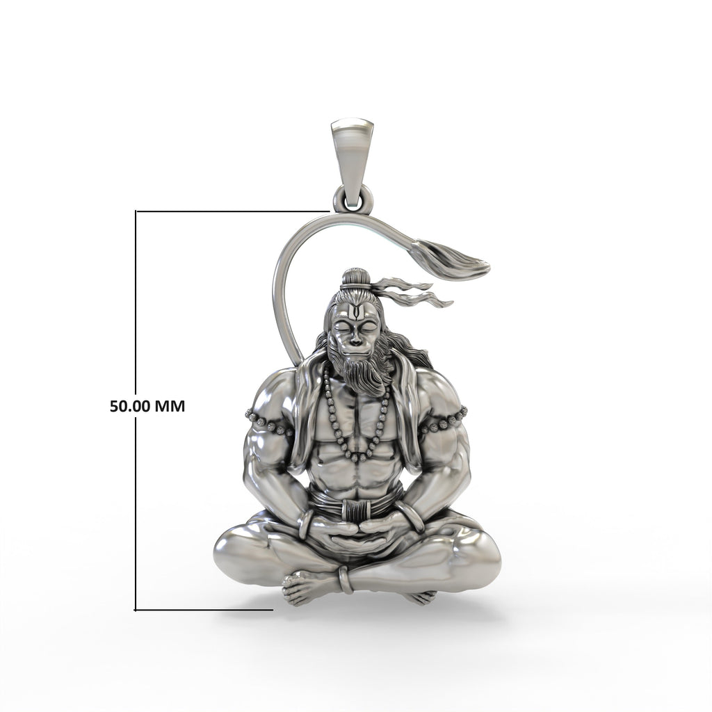 A size reference for the 925 Silver Hanuman Meditation Pendant, demonstrating how it looks when worn.