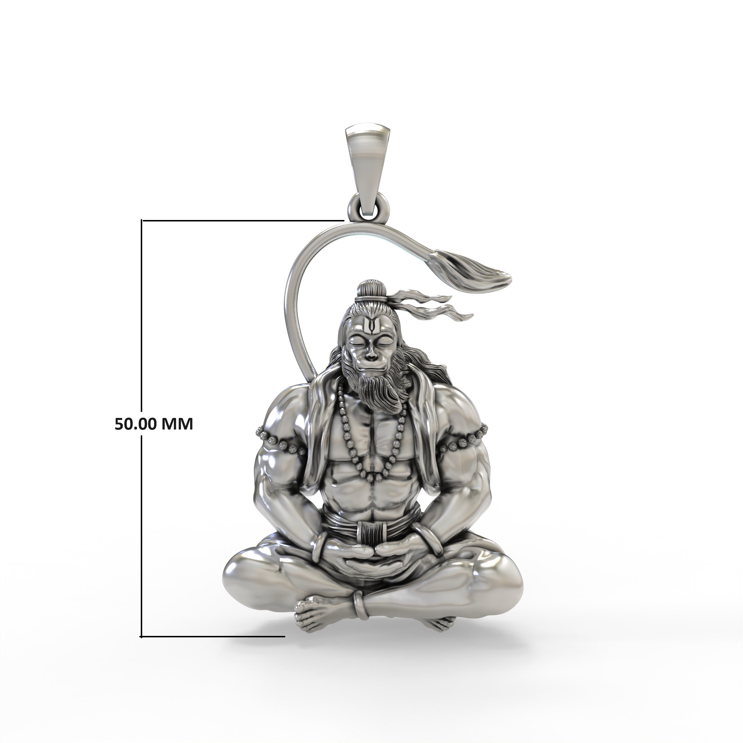 A size reference for the 925 Silver Hanuman Meditation Pendant, demonstrating how it looks when worn.