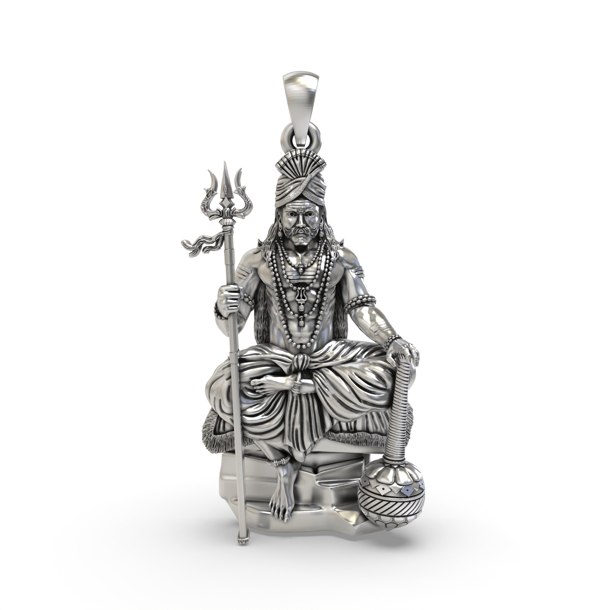 A detailed front view of the 925 sterling silver Muniswarar locket, showcasing the deity's intricate features.