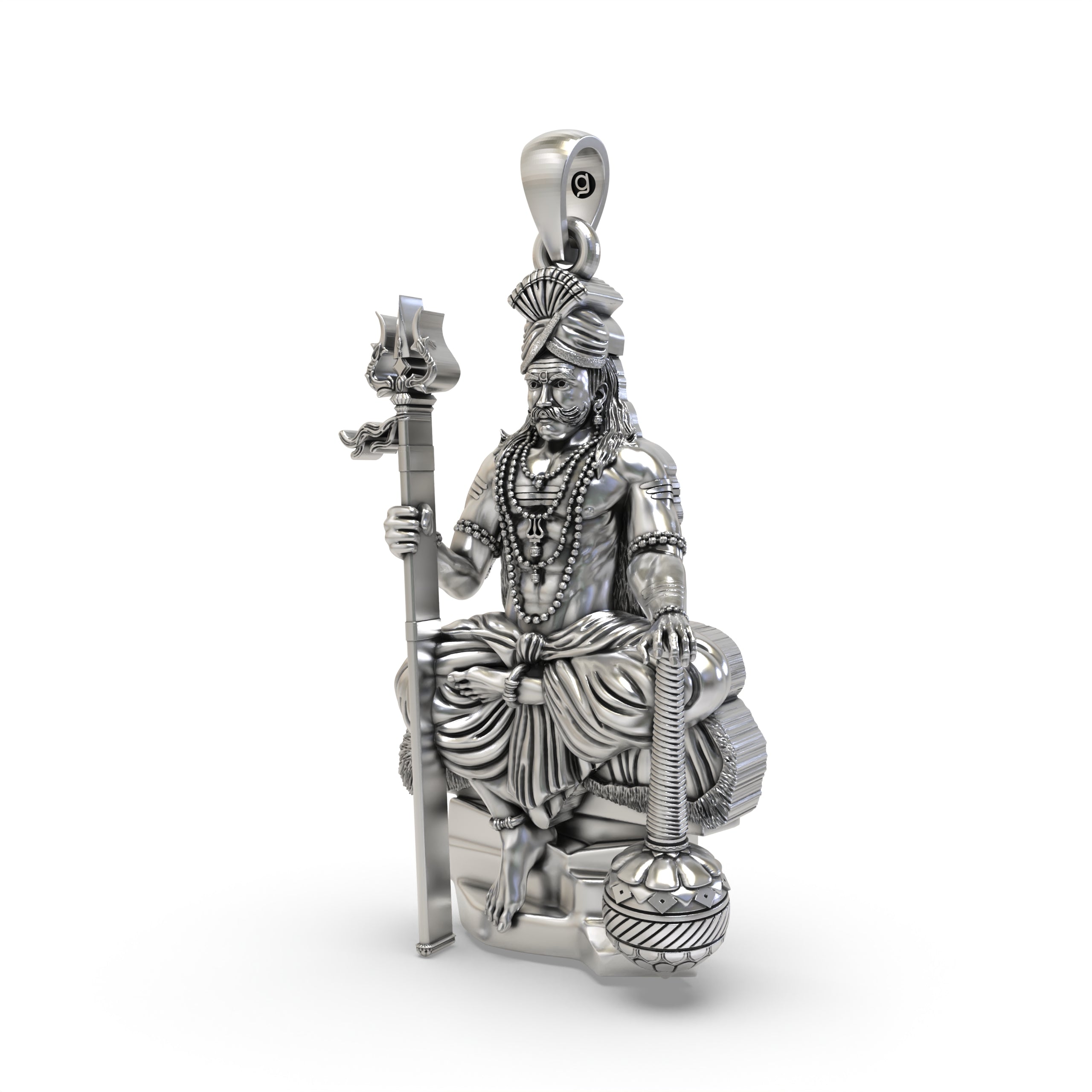 An angled perspective of the men's sterling silver Muniswarar locket, highlighting its oxidized finish and depth.