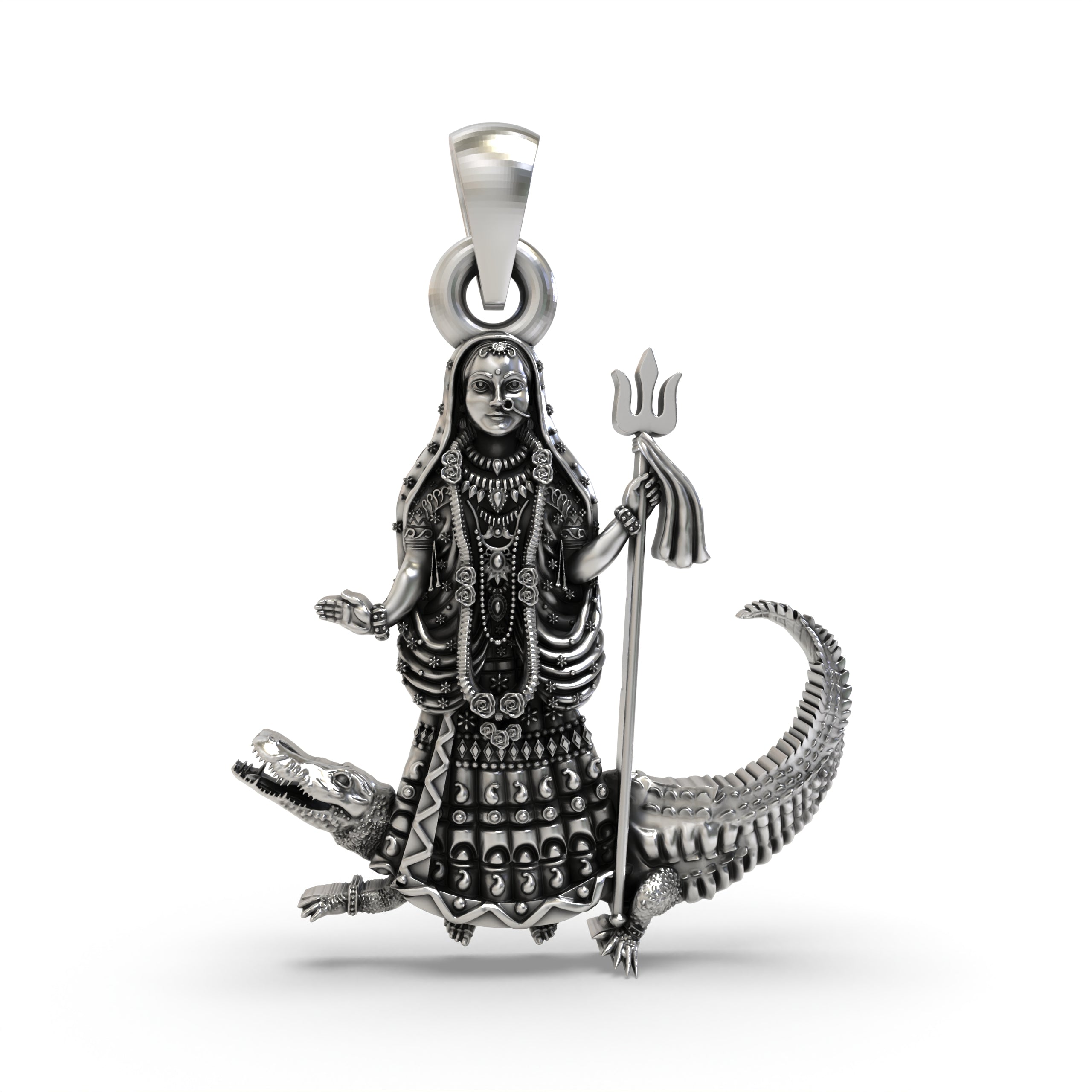 Front view of the 925 oxidized silver Khodiyar Maa pendant showing the goddess riding a crocodile in detailed relief. Main image