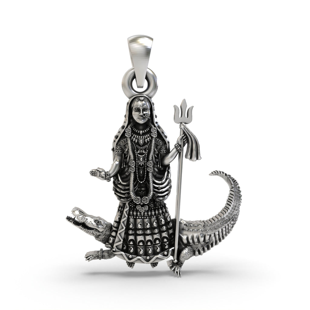 Front view of the 925 oxidized silver Khodiyar Maa pendant showing the goddess riding a crocodile in detailed relief.