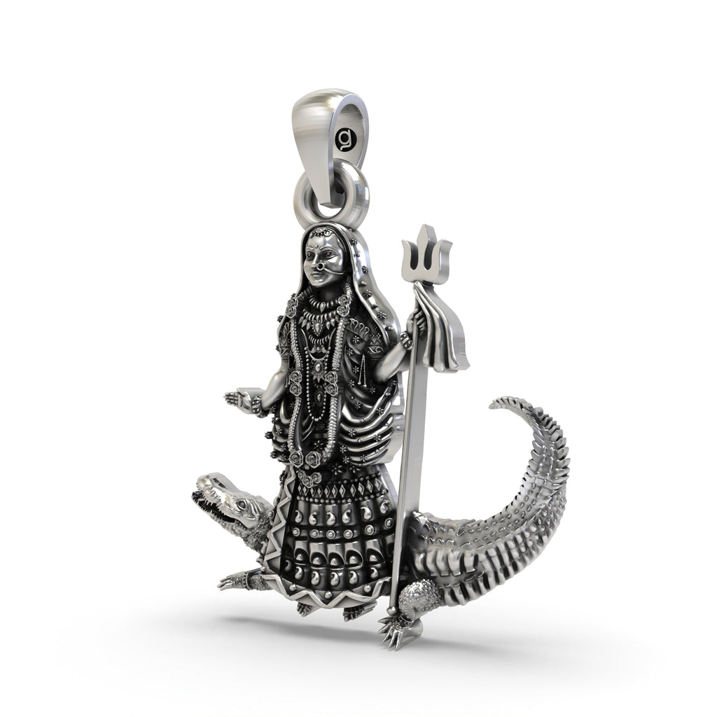 Angled side profile of the handcrafted Khodiyar Maa pendant, highlighting its 30mm height and antique 925 silver finish.