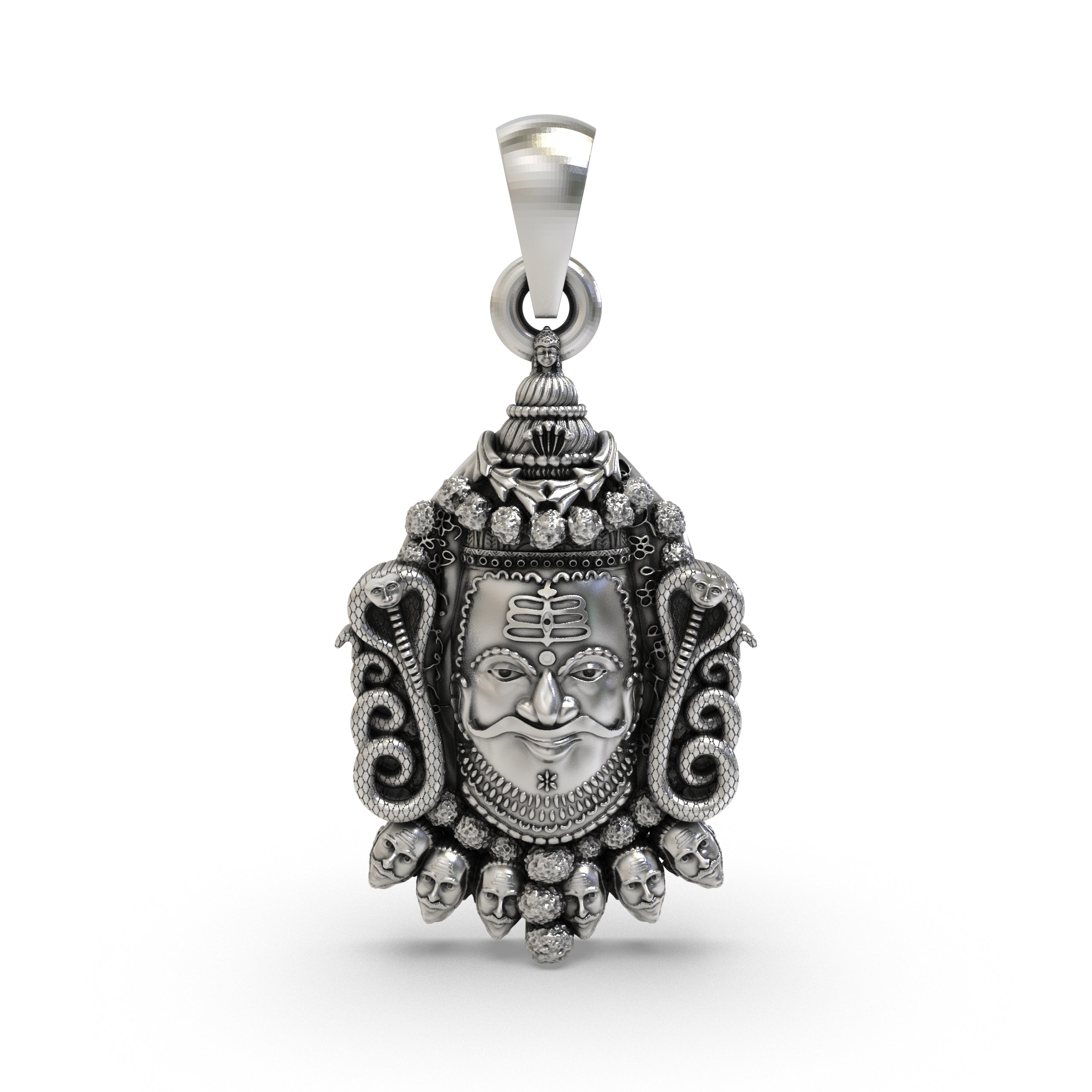 Front view of the oxidized 925 Silver Mahakal Pendant, showcasing the intricate Ujjain Mahakaleshwar design.