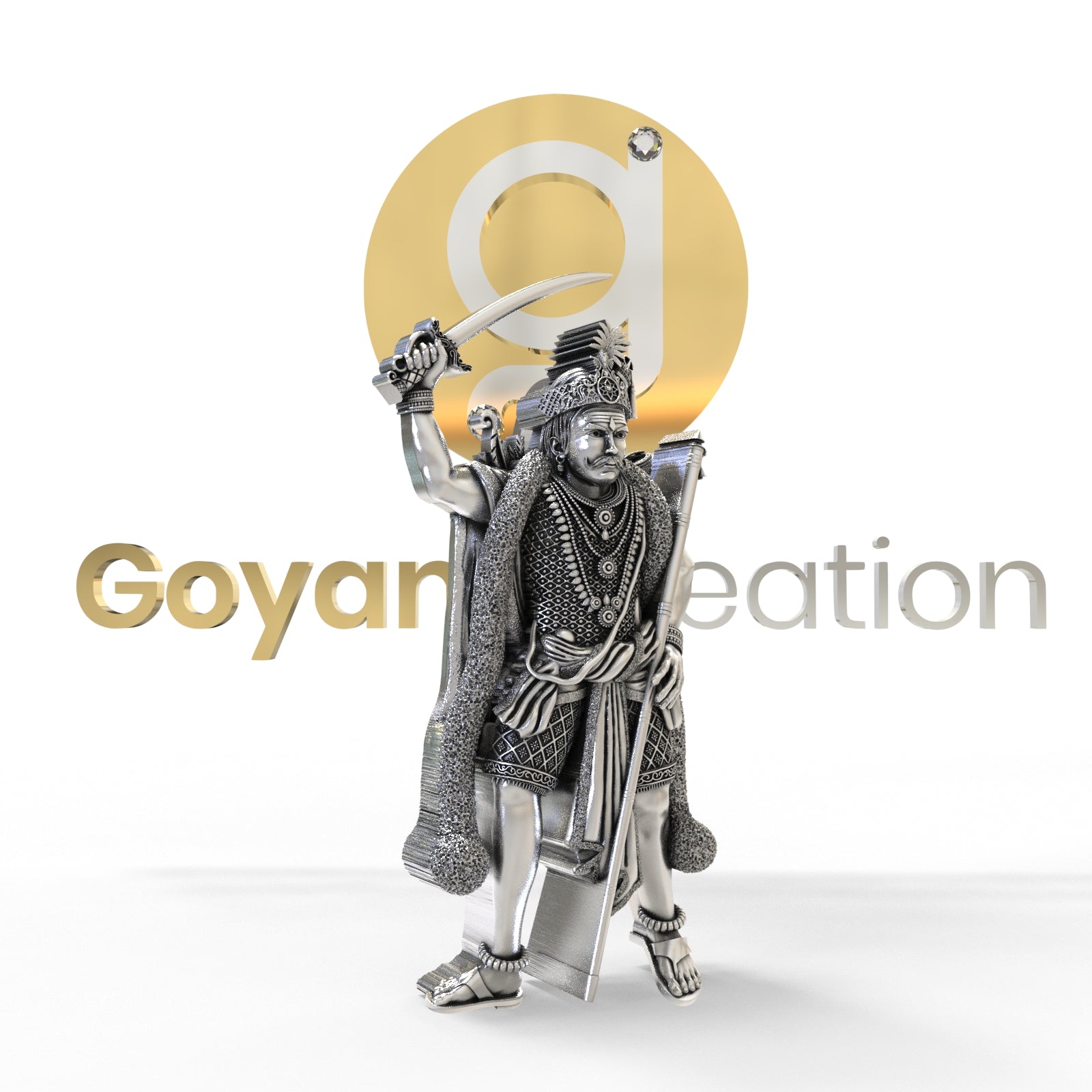 An angled perspective of the Madurai Veeran God Pendant in sterling silver, highlighting the intricate, antique carvings.