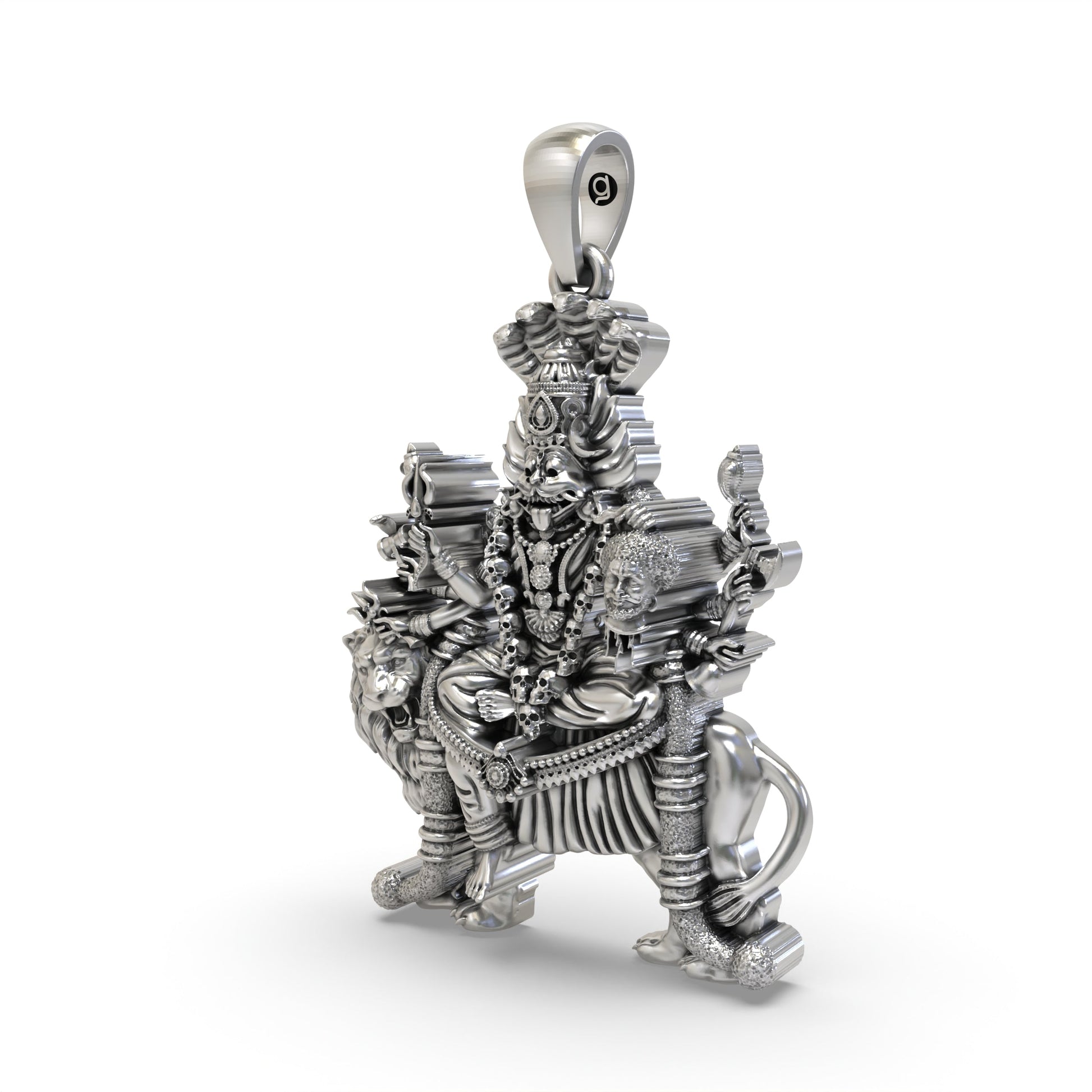 Angled view of the Silver Pratyangira Pendant highlighting the intricate craftsmanship of the 925 sterling silver.