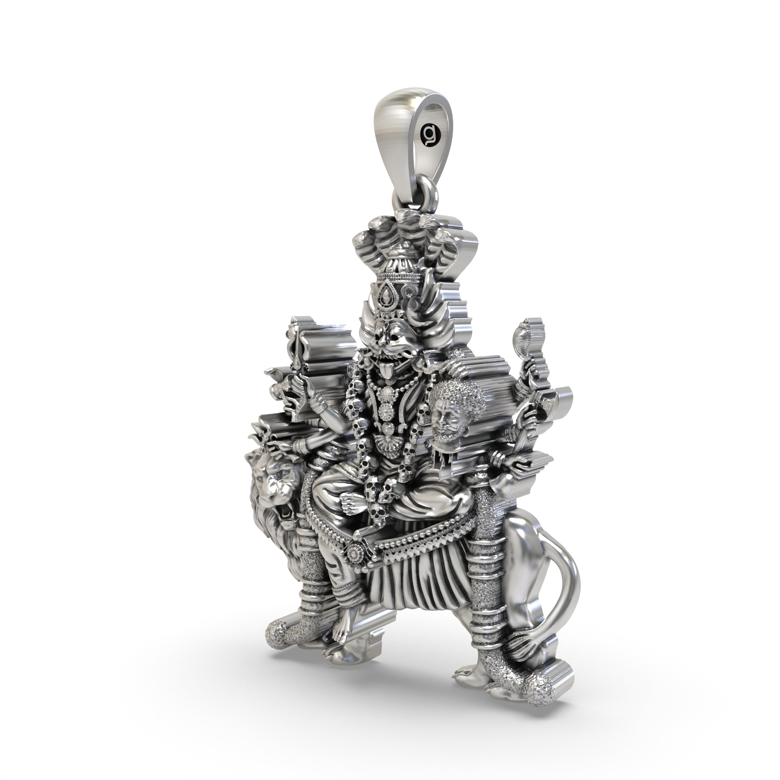 Angled view of the Silver Pratyangira Pendant highlighting the intricate craftsmanship of the 925 sterling silver.